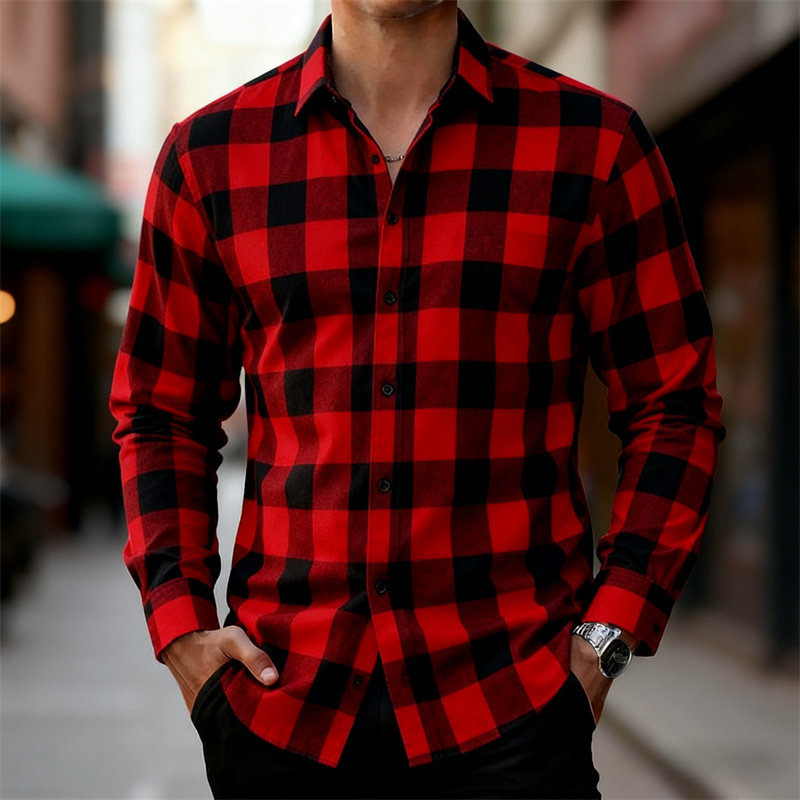 Flannel Shirt Lined - Męska klasyczna koszula w czerwono-czarną kratę